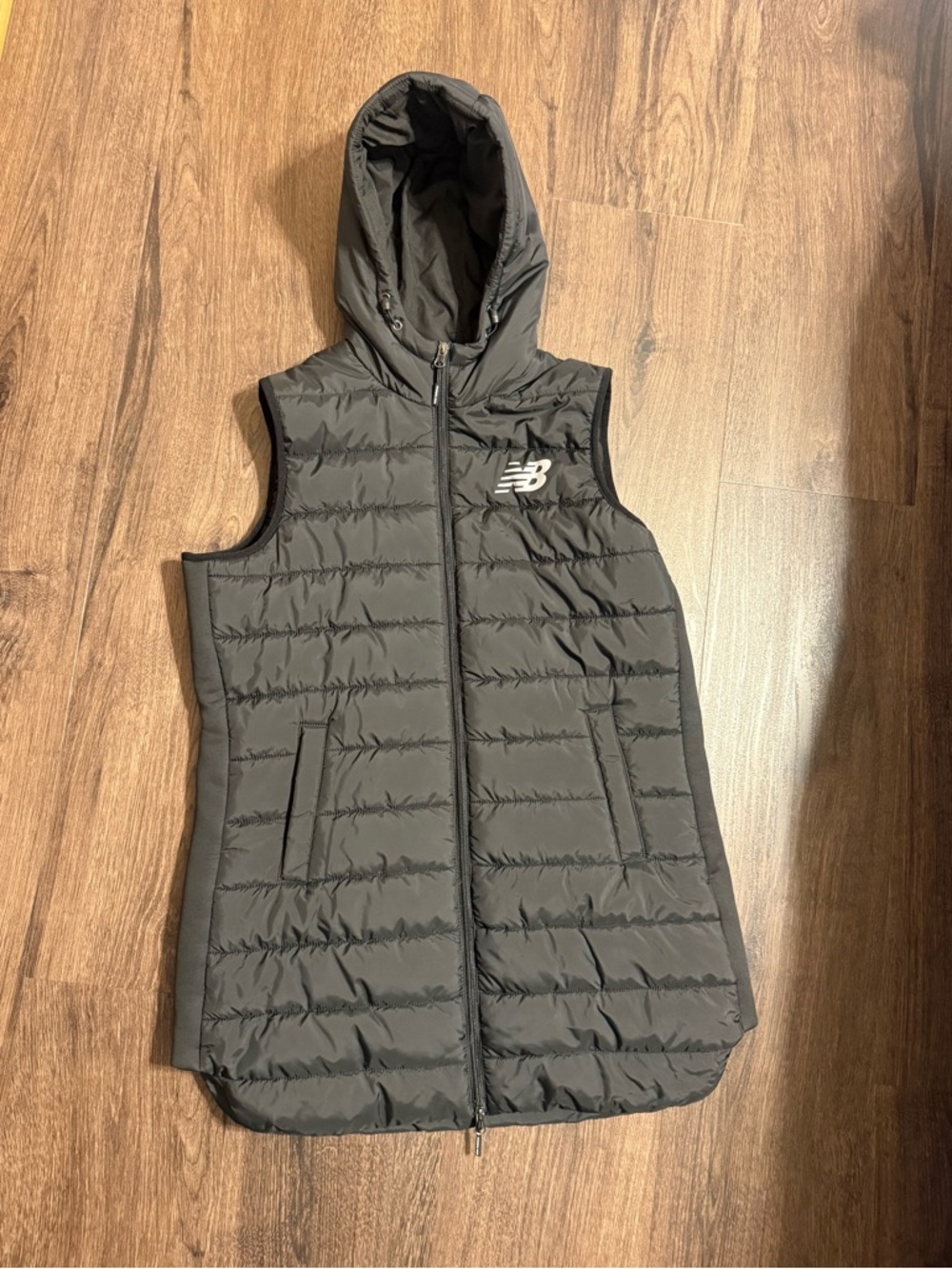 New Balance Long Black Hooded Quilted Puffer Vest